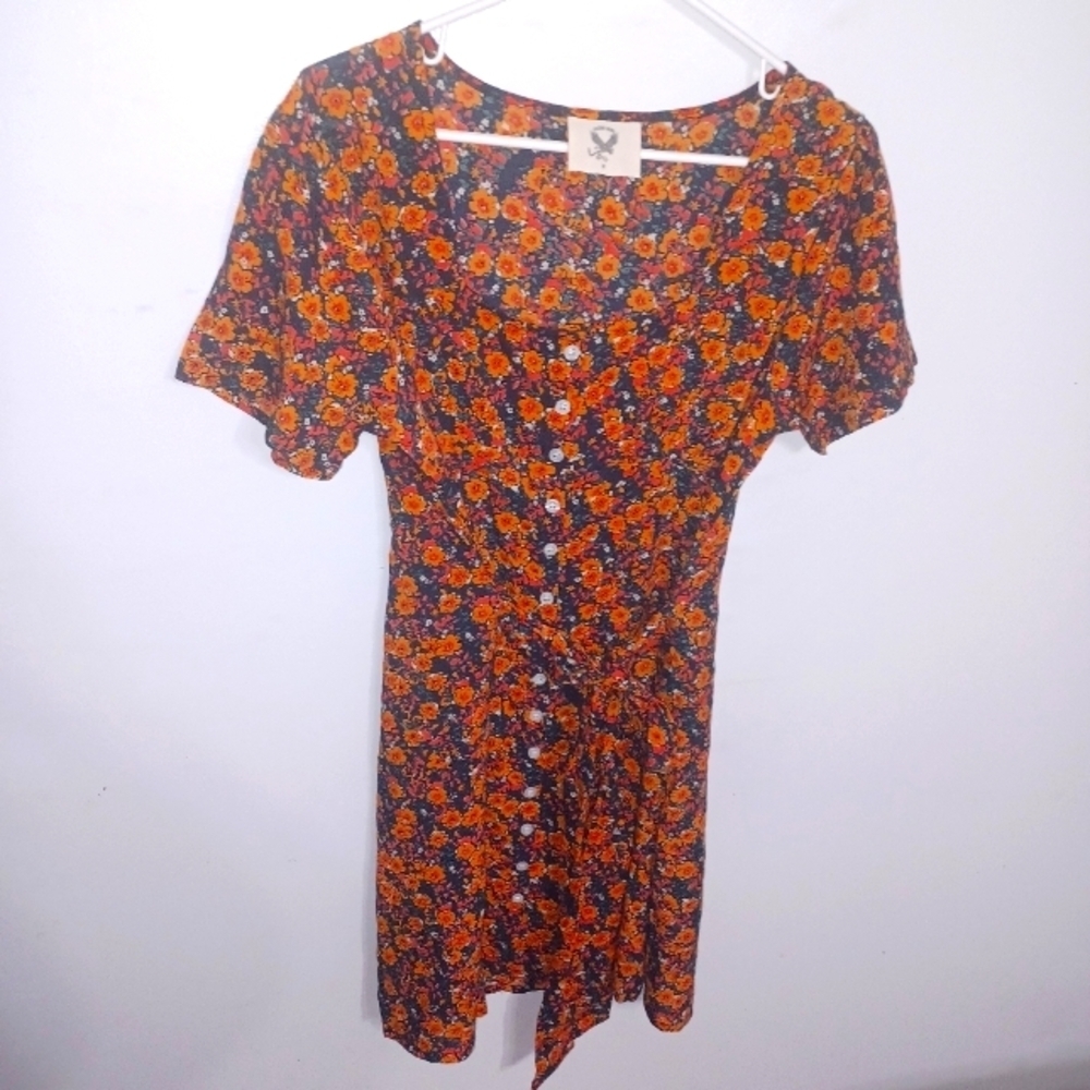 Floral Button-Front Midi Dress in Orange and Black